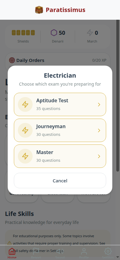Electrician exam picker with Aptitude Test, Journeyman, and Master options