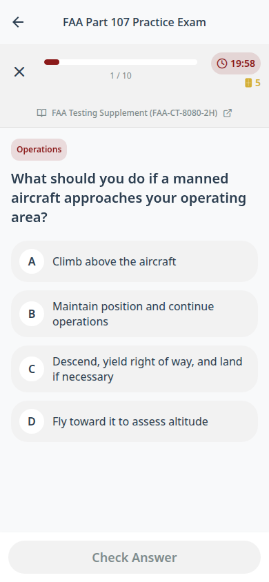 FAA Part 107 practice exam question with testing supplement link