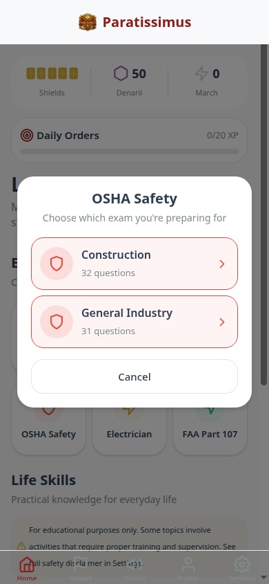 OSHA Safety exam picker with Construction and General Industry options